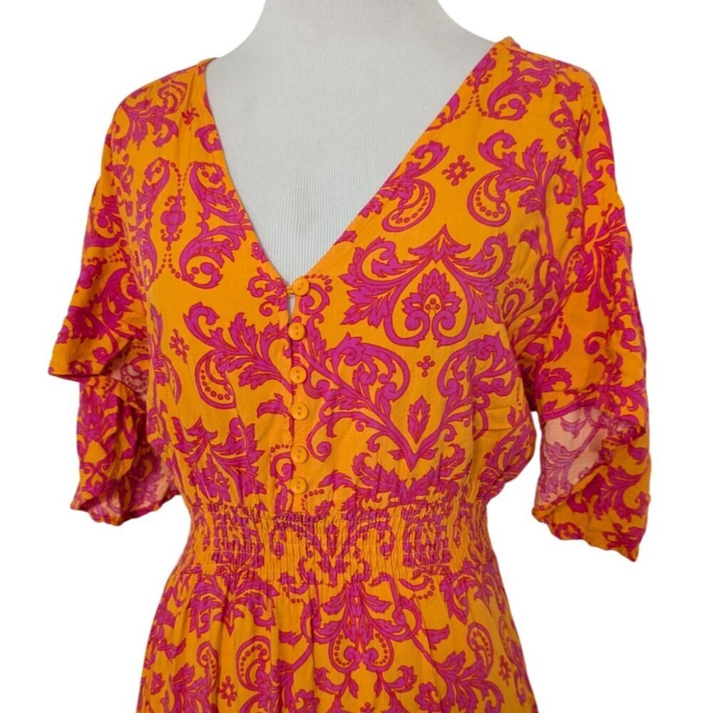 Abel the Label Leonard Floral Dress Womens Size Medium Orange Pink V Neck Rayon - Picture 2 of 11